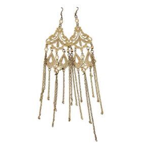 Gold Tone Filigree Chandelier Long Earrings Chain Fringe Boho Festival NWT